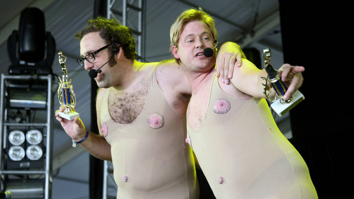 Comedians Eric Wareheim and Tim Heidecker perform on stage during the 2009 All Points West Music &amp; Arts Festival back in 2009. Photo: Jason Kempin/Getty Images