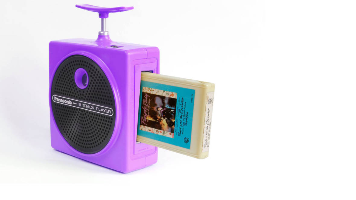 Prince's 'Purple Rain,' with a Panasonic RQ-830S 'Plunger' 8-track player.  Photo: Steve Ciaffa