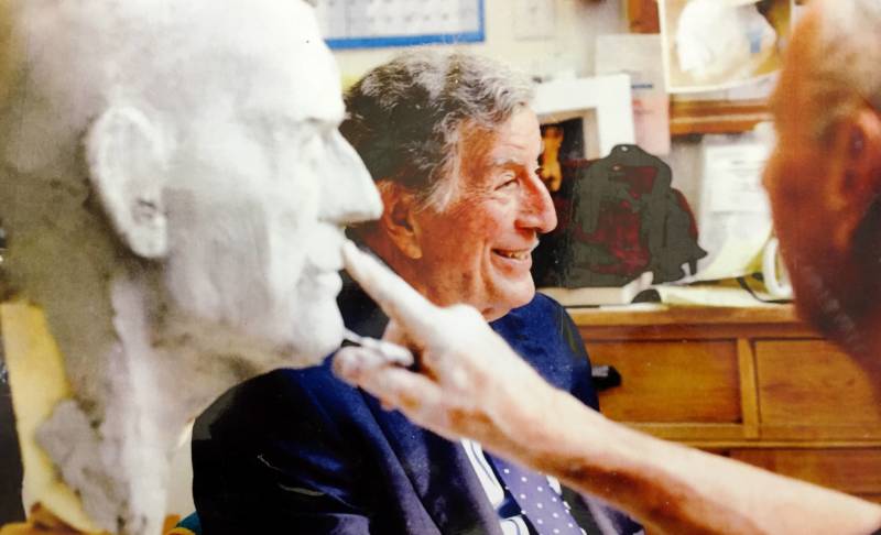 Sculptor Bruce Wolfe and his model, singer Tony Bennett in Wolfe's Piedmont studio