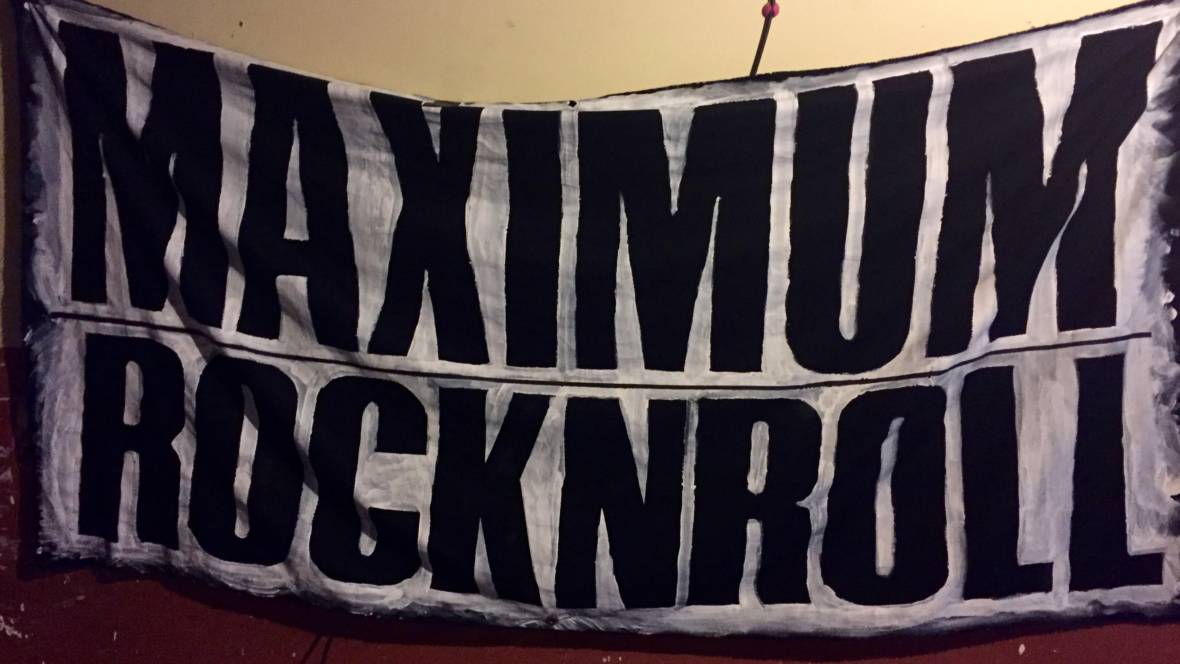 A banner at Maximum Rocknroll's office Photo: Kevin L. Jones/KQED
