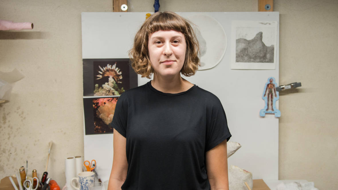 Alyssa Lempesis in her West Oakland studio inside Aggregate Space Gallery. Photo: Graham Holoch / KQED