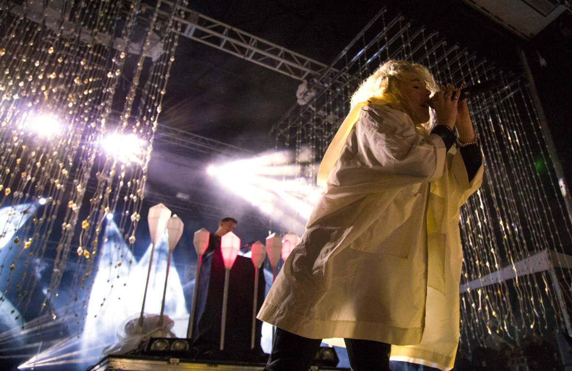 Purity Ring performs in ponchos at the Treasure Island Music Festival on Oct. 16, 2016.  Estefany Gonzalez