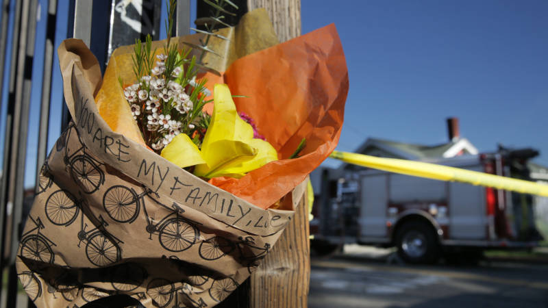 A memorial outside the Oakland warehouse venue Ghost Ship after a fire killed 36 people on Dec. 2.