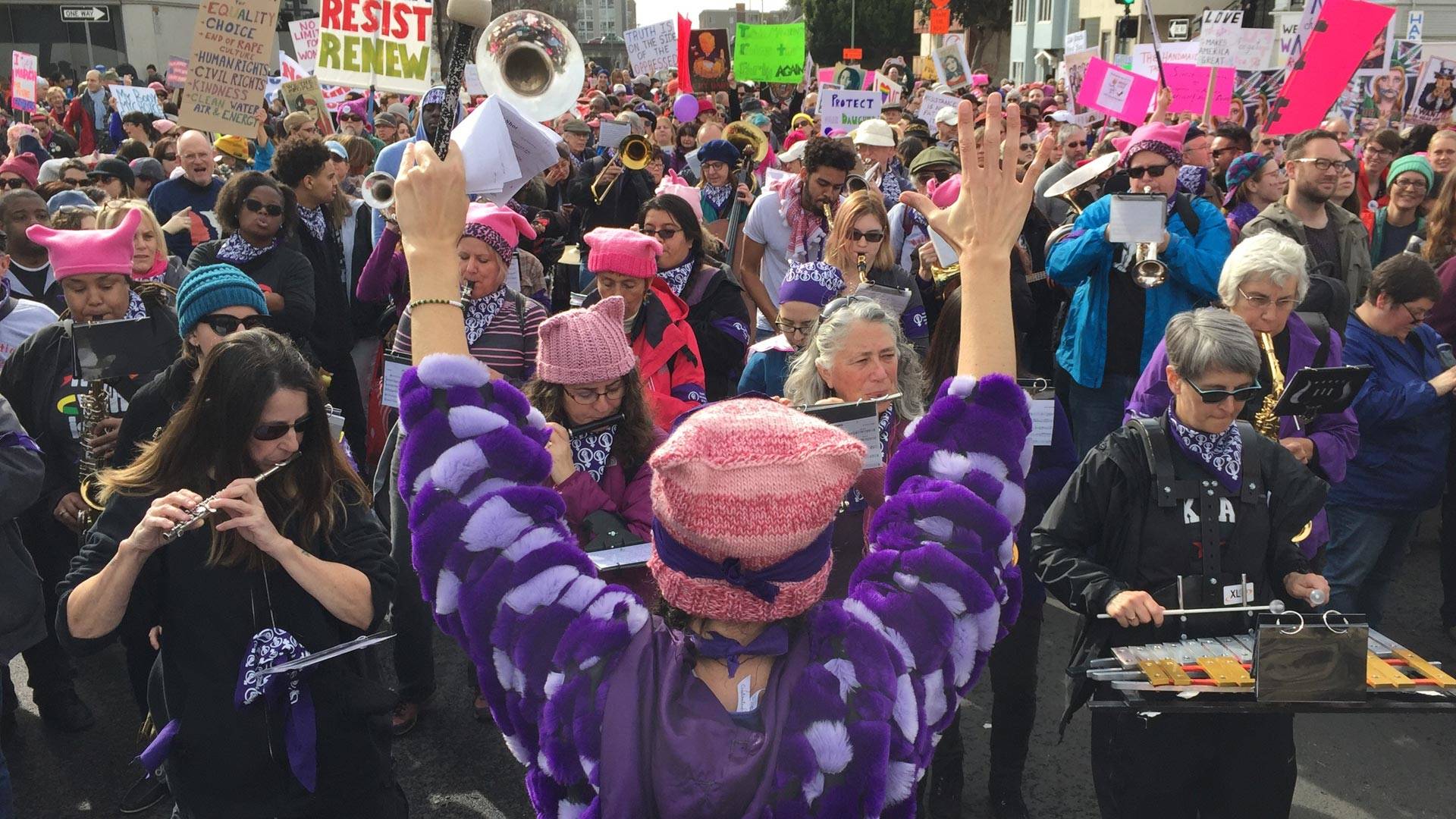 The Nasty Woman Band keeps spirits up with music at the Women's March in Oakland, Jan. 21, 2017. Gabe Meline/KQED