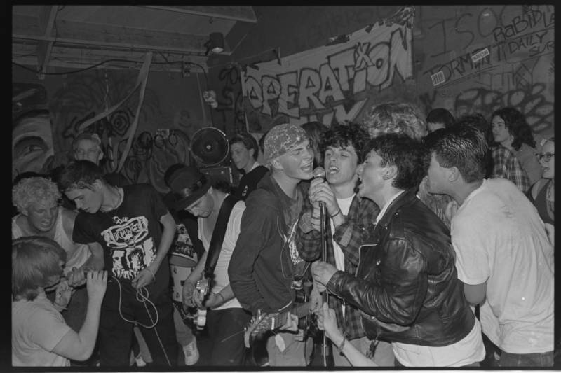 Billie Joe Armstrong (third from right) sings with Operation Ivy onstage at 924 Gilman, circa 1988.