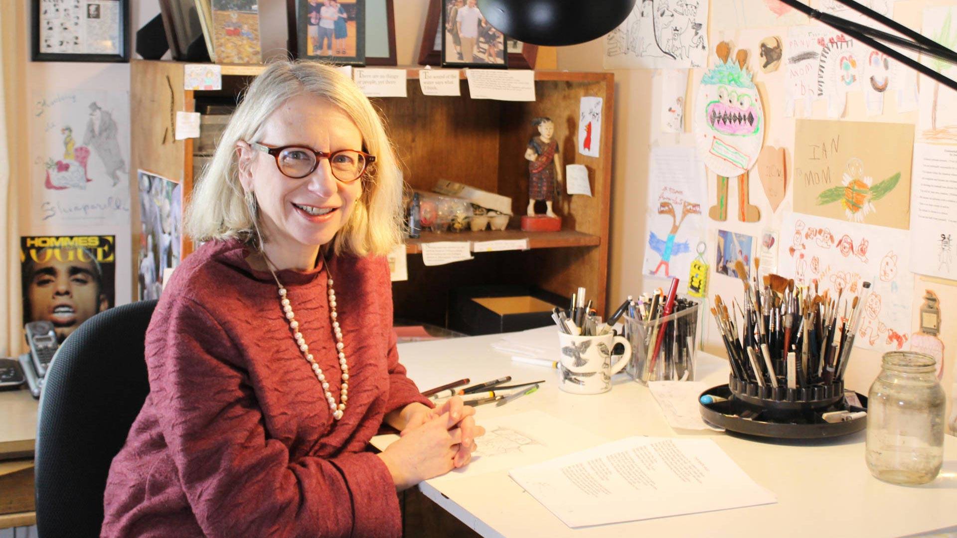 Roz Chast works in the studio of her Connecticut home.  Jeremy Clowe/Norman Rockwell Collections