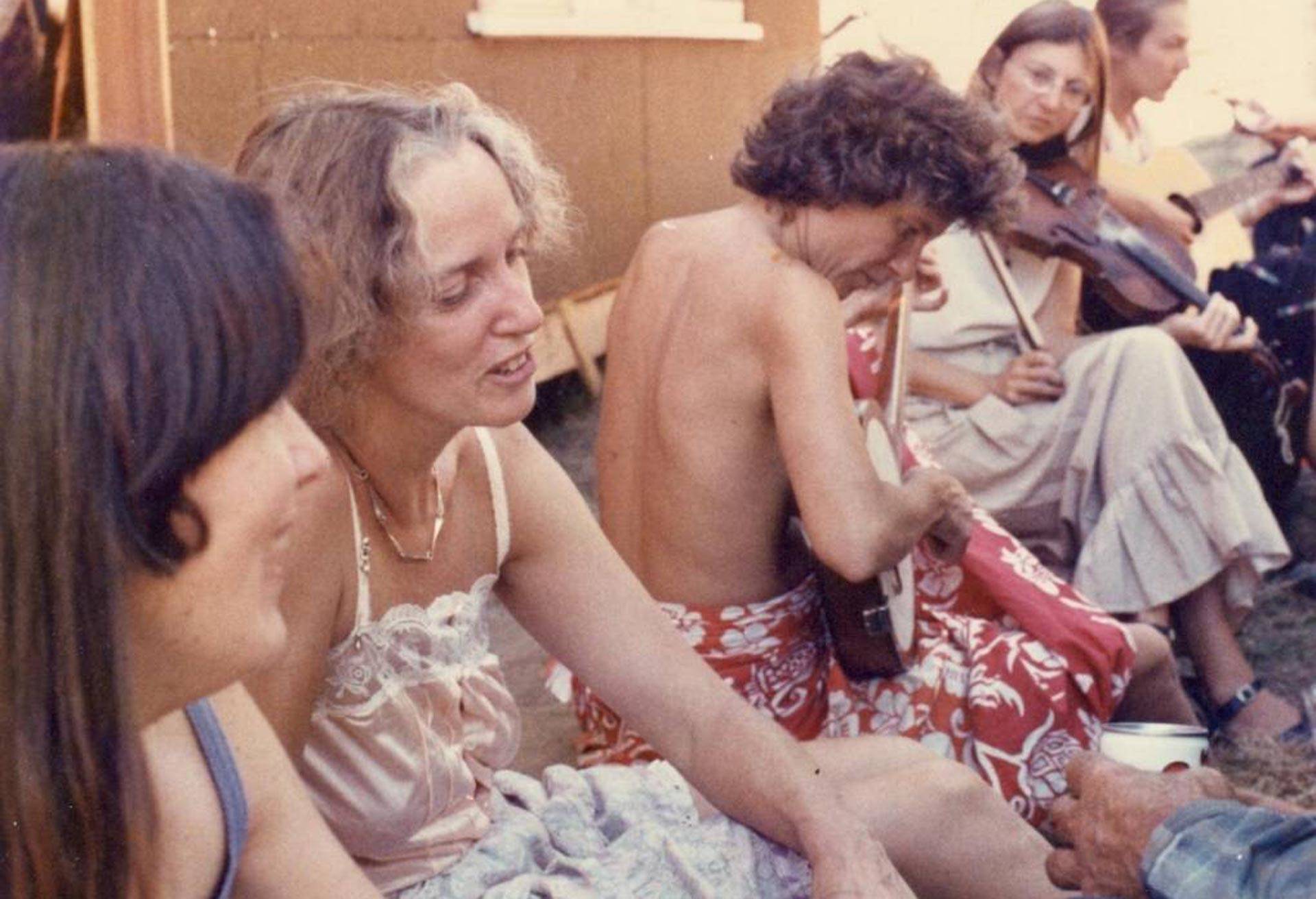 Salli Rasberry and Delia Moon with others at a party. An upcoming panel at the Main San Francisco Library explores the unsung contributions of women during the 1960s counterculture. Courtesy Salli Rasberry