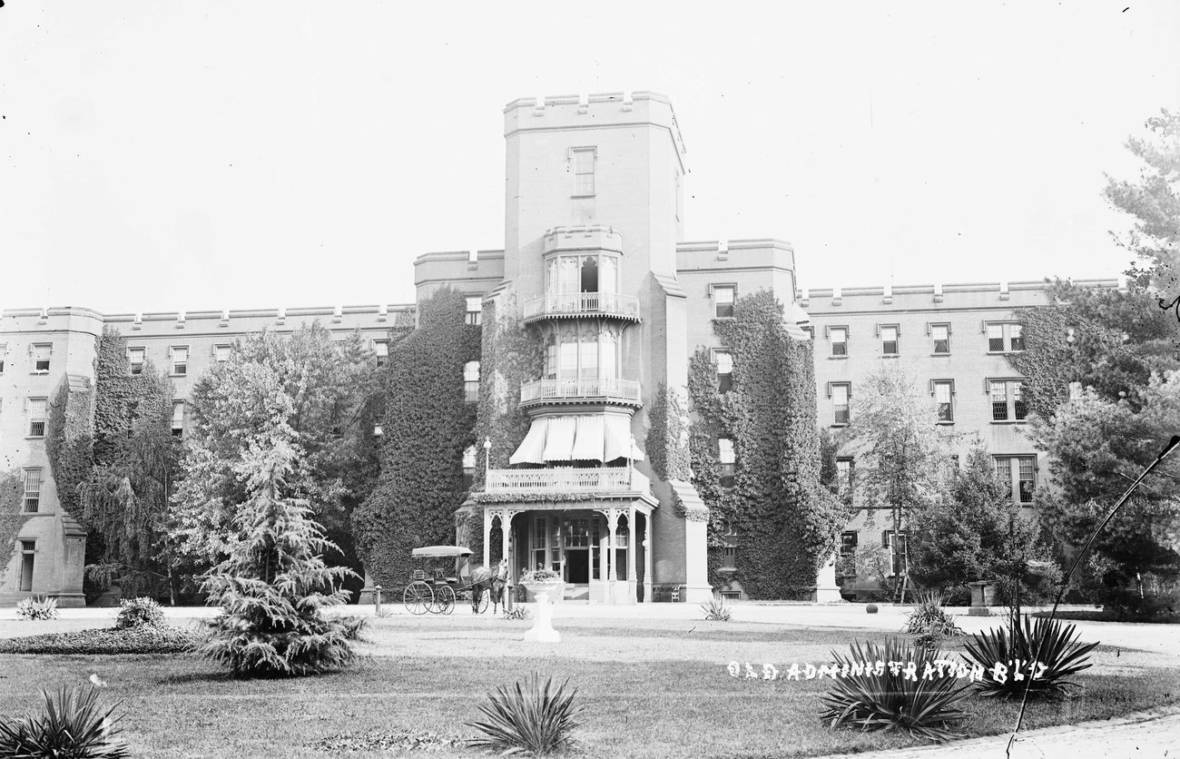 The Center Building at St. Elizabeths, pictured circa 1900, housed administrative offices and patient wards. Established in 1855 as the Government Hospital for the Insane, the facility became widely known as "St. Elizabeths" during the Civil War, and took that name officially in 1916.  National Archives and Records Administration/National Building Museum