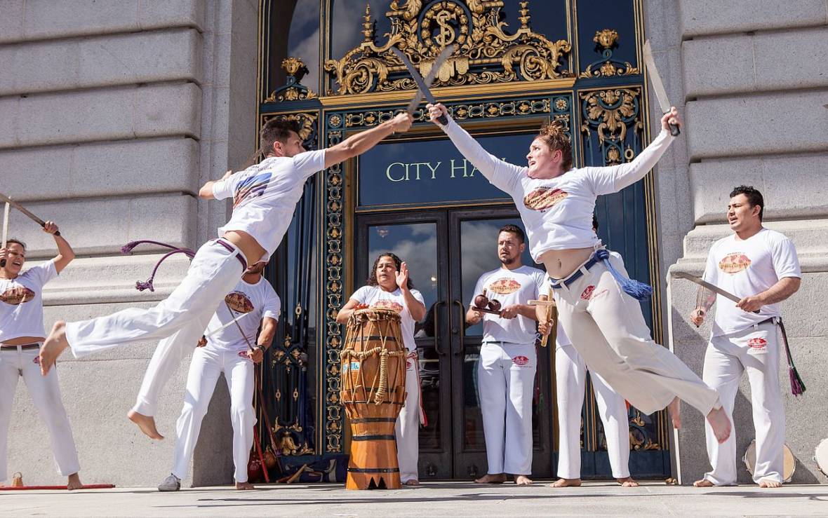 ABADÁ-Capoiera performs on the steps of City Hall during San Francisco Arts Advocacy Day in March. Pax Ahimsa Gethen / funcrunch.org