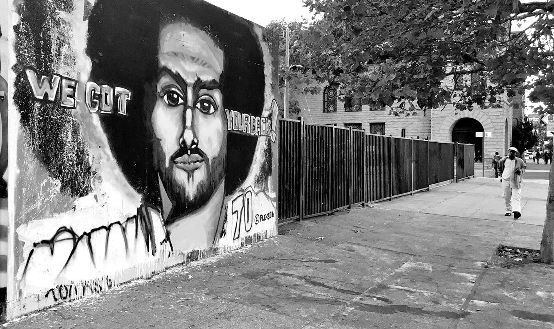 A mural of Colin Kaepernick on Telegraph Ave. in Oakland, circa 2016. Pendarvis Harshaw