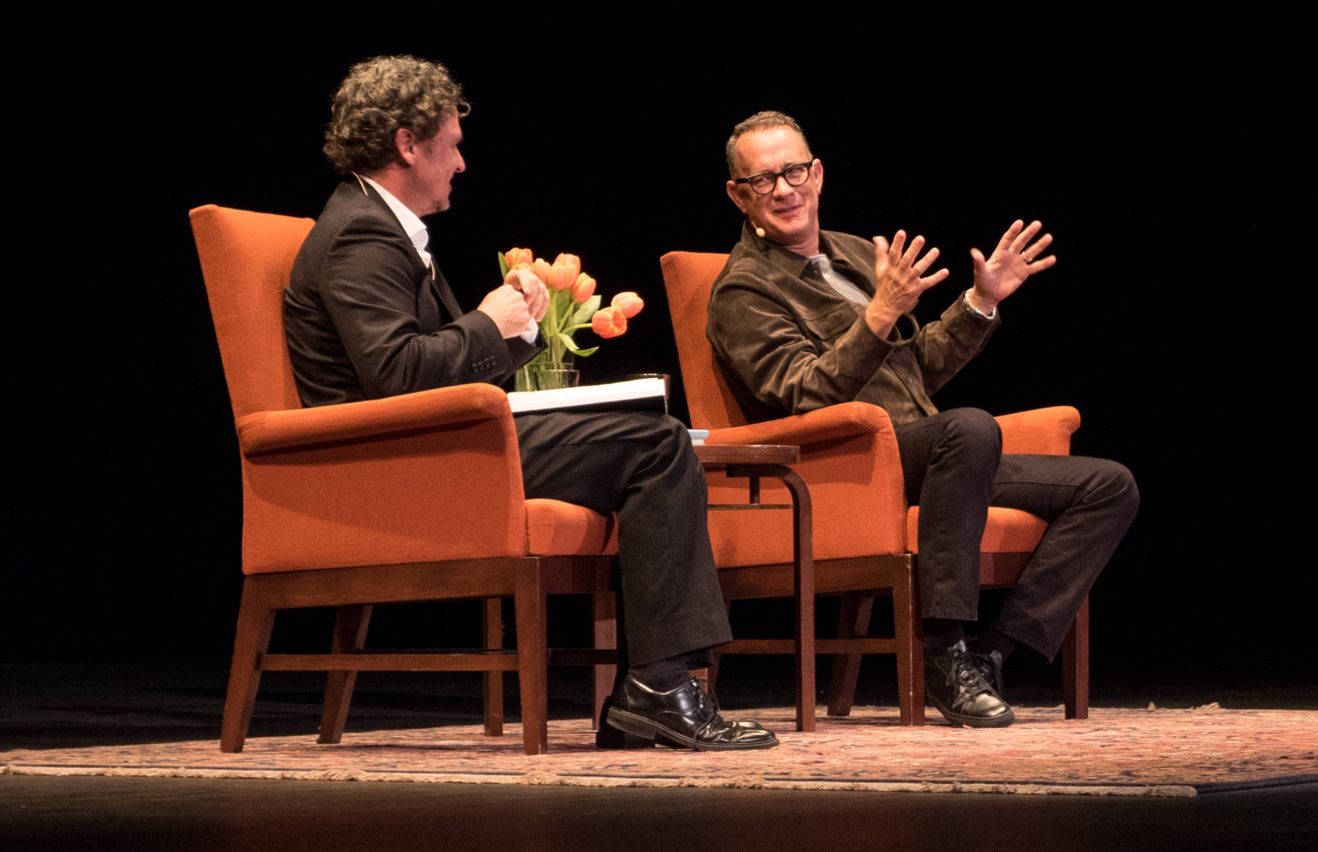 Dave Eggers and Tom Hanks at City Arts &amp; Lectures, Oct. 24, 2017. JMBW Photo