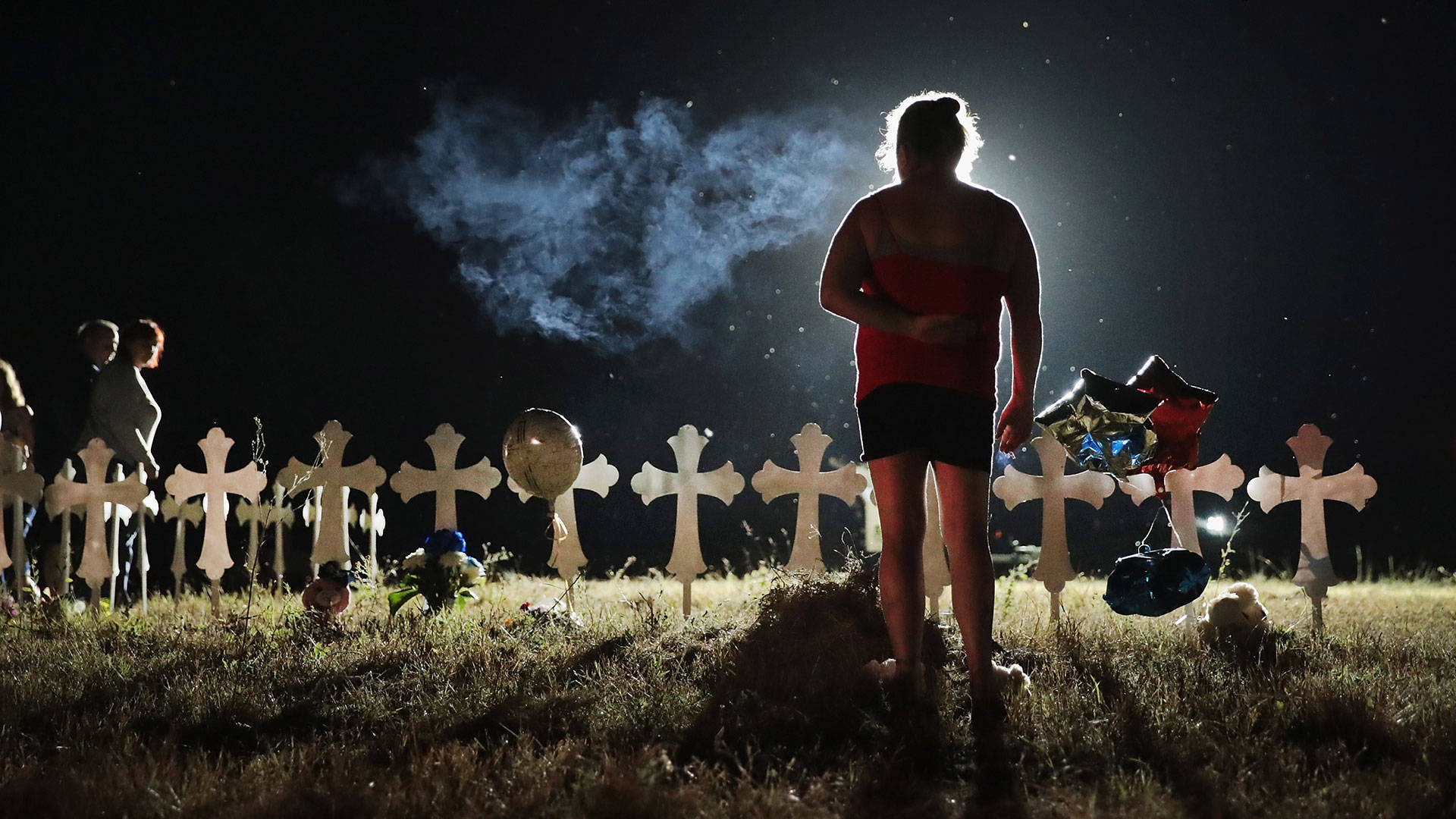 Twenty-six crosses stand in a field on the edge of town to honor the 26 victims killed at the First Baptist Church of Sutherland Springs on Nov. 6, 2017 in Sutherland Springs, Texas.  Scott Olson/Getty Images