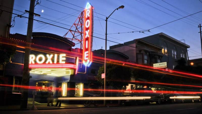 The Roxie Theater in San Francisco by night. The indie theater has seen an uptick in business in recent months, thanks, in part to the dirt-cheap subscription service, MoviePass.