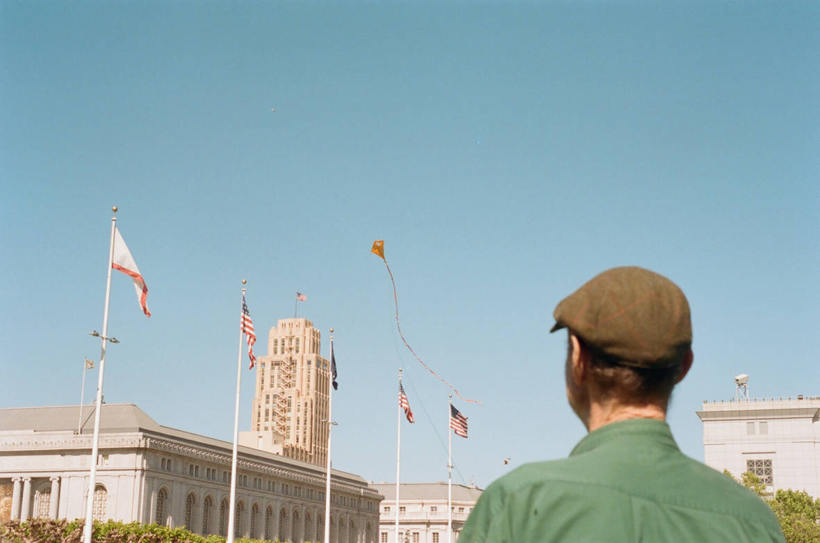 Jeff Marshall, Tenderloin resident and kite maker, flies one of his creations at Civic Center Plaza.   Samantha Shanahan/KQED