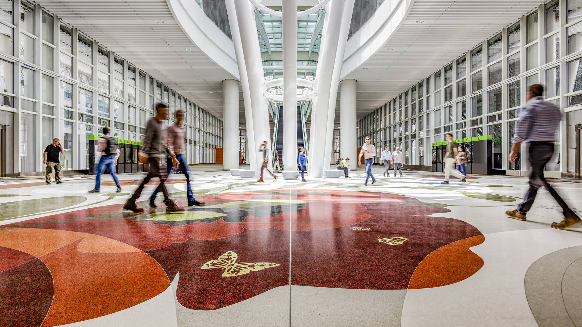 The Grand Hall of the new Transbay Transit Center featuring Julie Chang’s floor installation, 'Secret Garden.' Tim Griffith
