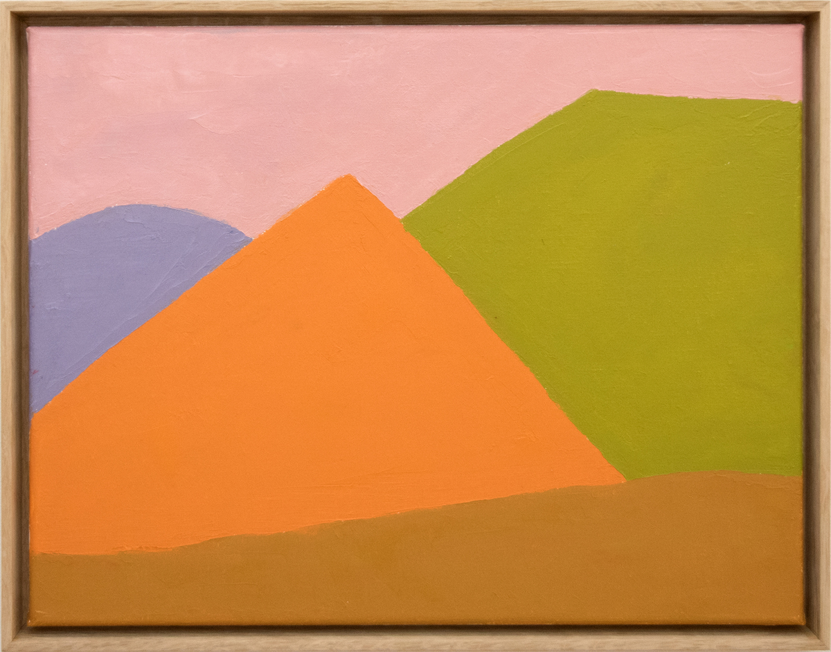 Painting of solid-colored flat shapes in orange, green, pink, brown and lilac.
