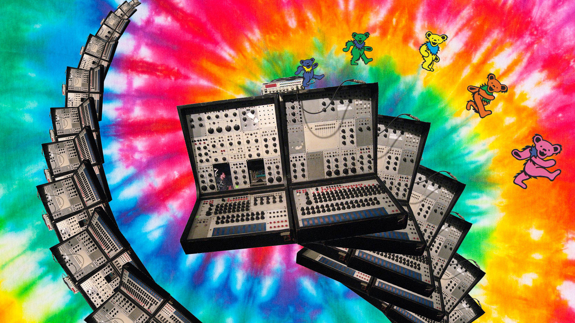 KPIX engineer Eliot Curtis found himself tripping on acid after cleaning a vintage synthesizer from the 1960s. Images: Wikimedia Commons, Shutterstock, Collage: Sarah Hotchkiss