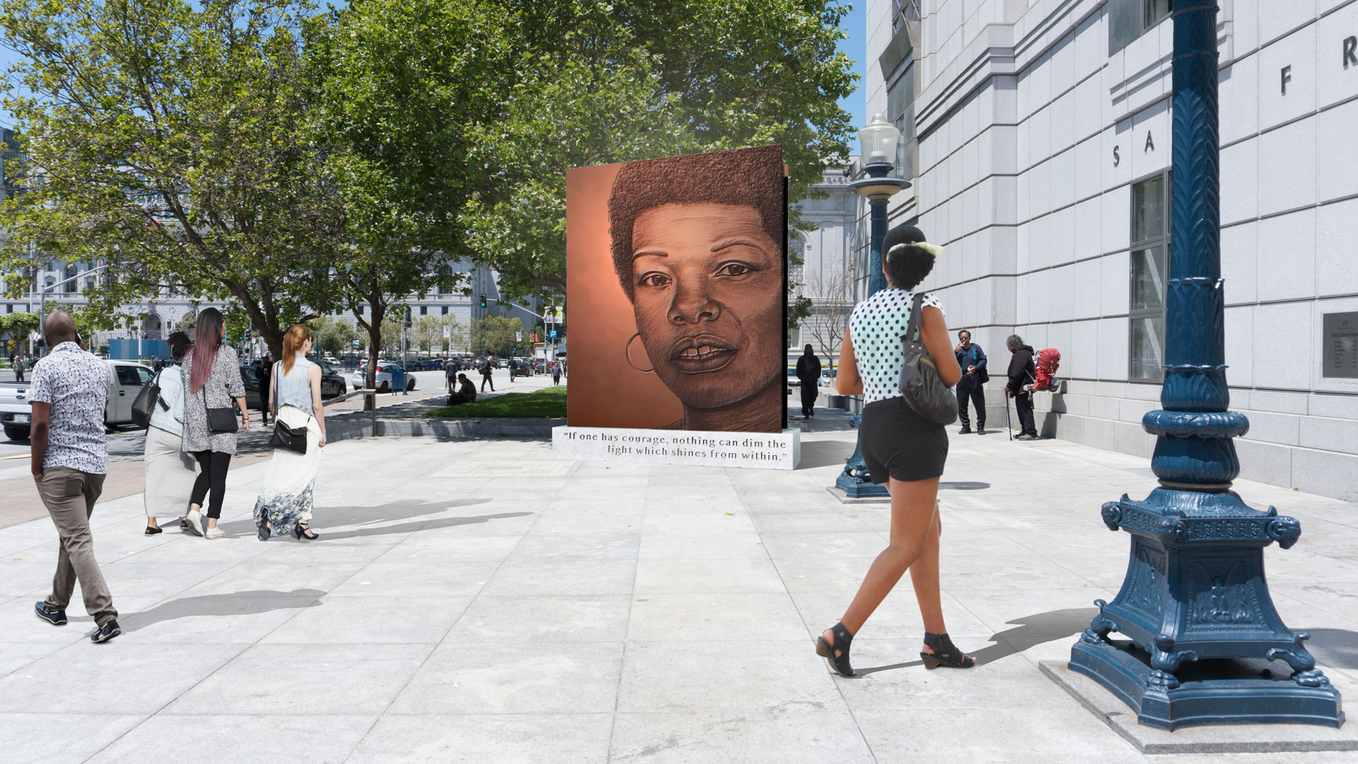A rendering of Lava Thomas' proposed monument to Maya Angelou, 'Portrait of a Phenomenal Woman,' outside the SFPL main branch.