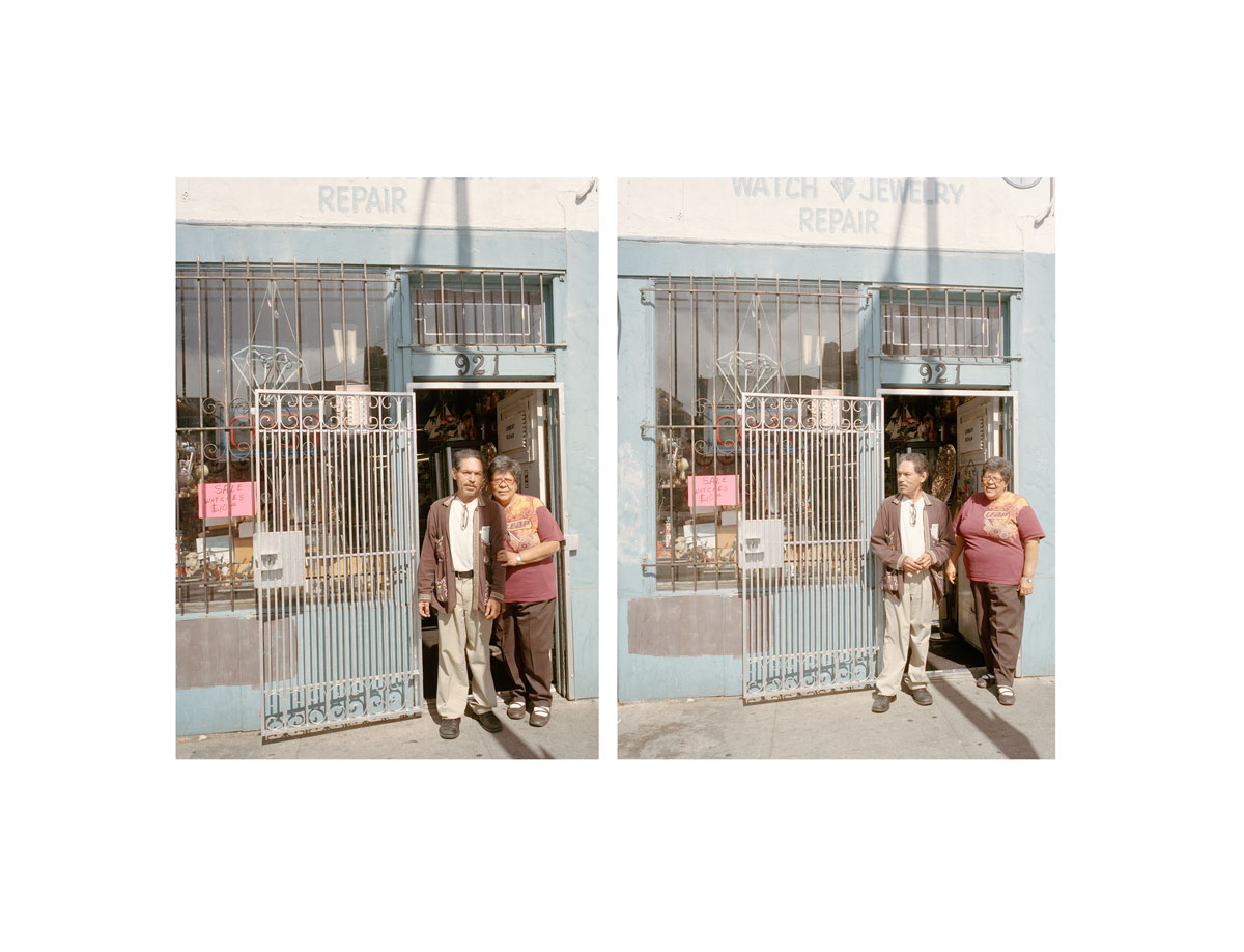 In a photographic diptych, an older couple stands outside a watch and jewelry repair shop.