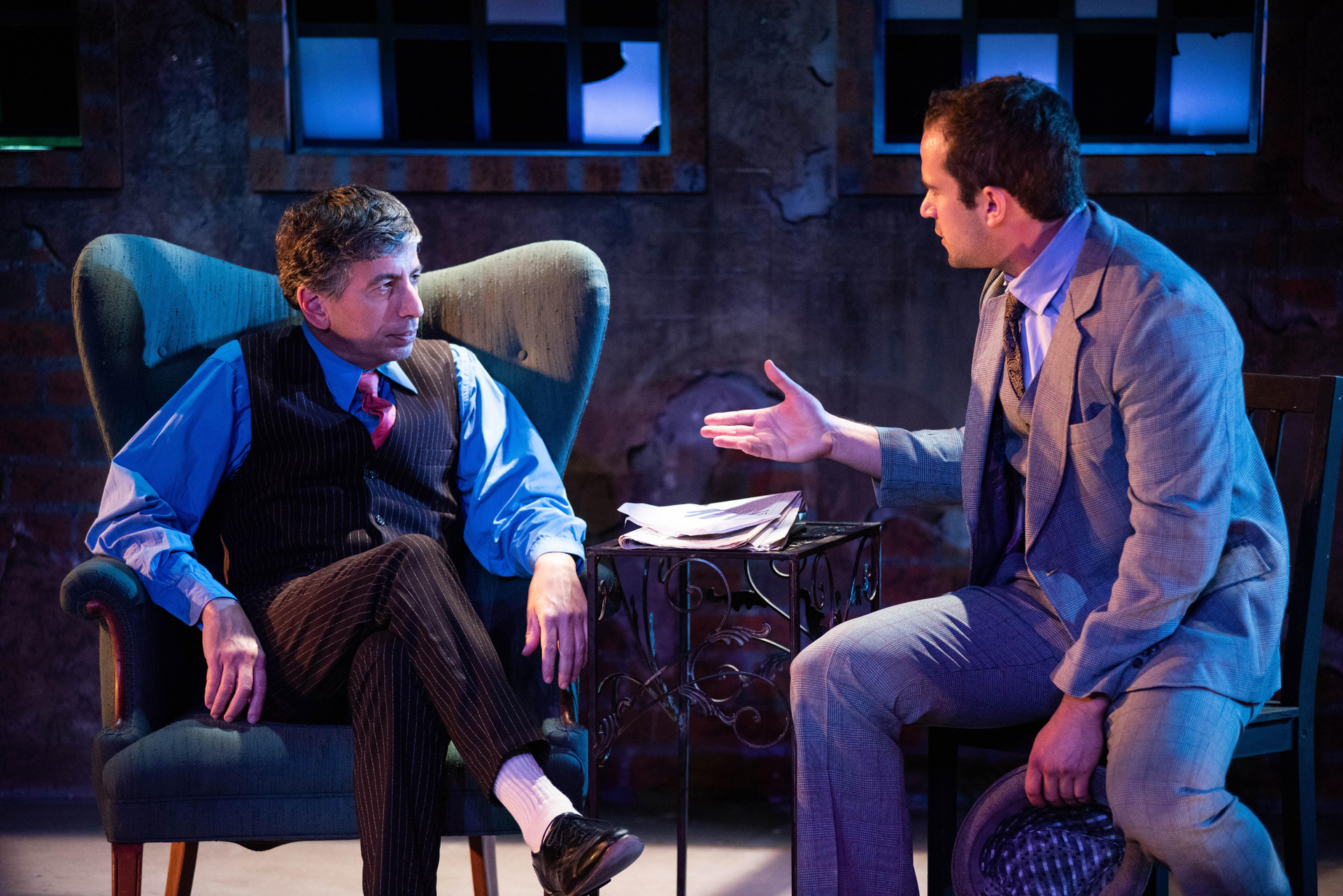 Mob boss Arturo (Anthony Silk, left) gets word from his first lieutenant Roma (Asher Krohn, right) in "The Resistible Rise of Arturo Ui," presented Nov. 8 – 24 at Foothill Theatre Arts, Los Altos Hills.