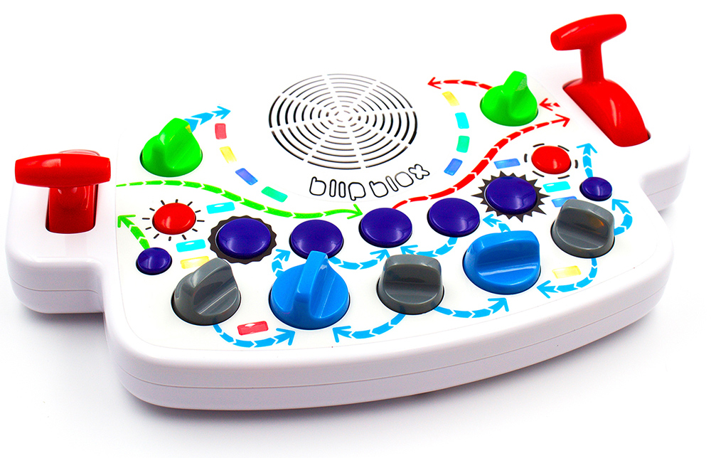 A white plastic device covered in blue, red and green knobs and levers.