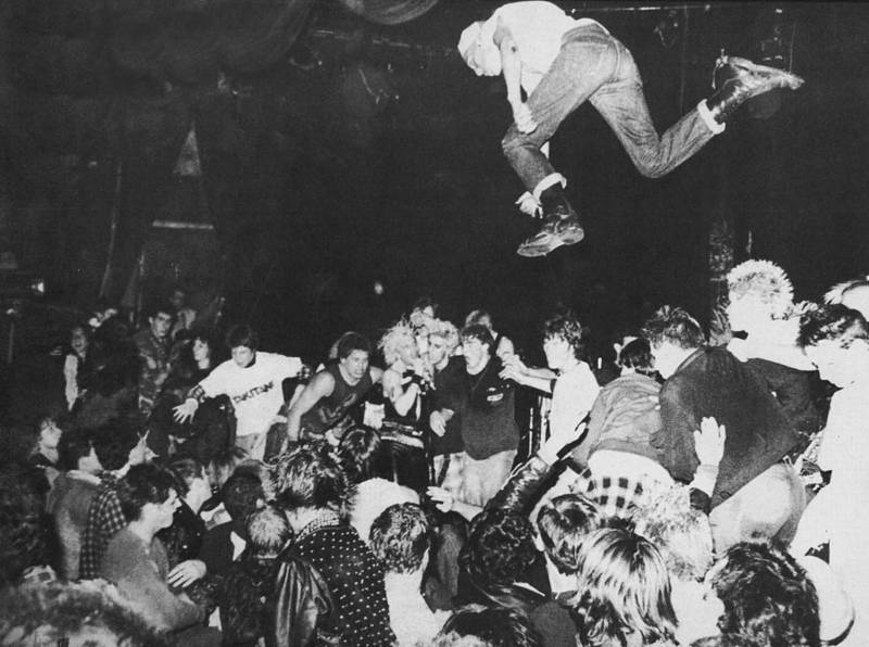 A stagediver at a GBH show in the early 1980s. 