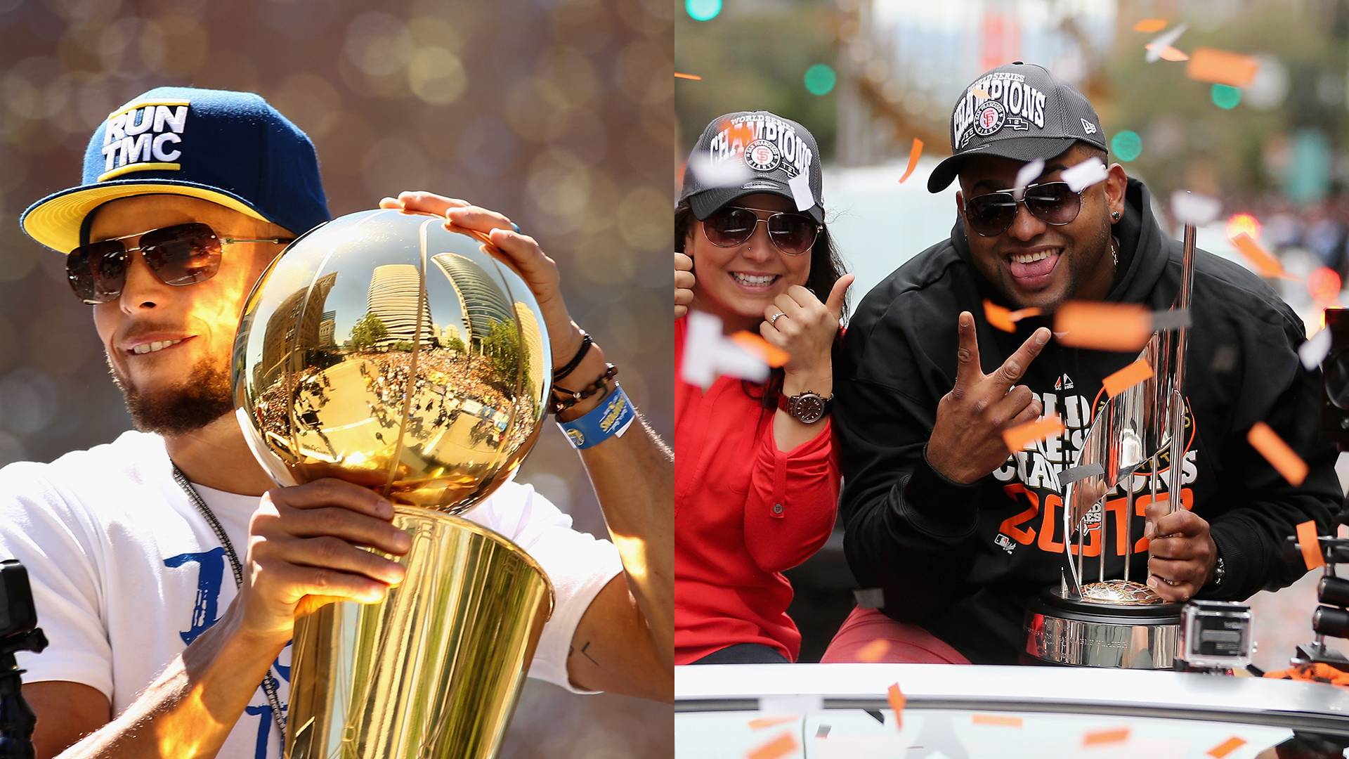 Left: Steph Curry at the Golden State Warriors victory parade in Oakland in 2018. Right: Pablo Sandoval at the San Francisco Giants World Series victory parade in 2012. Ezra Shaw/Getty Images