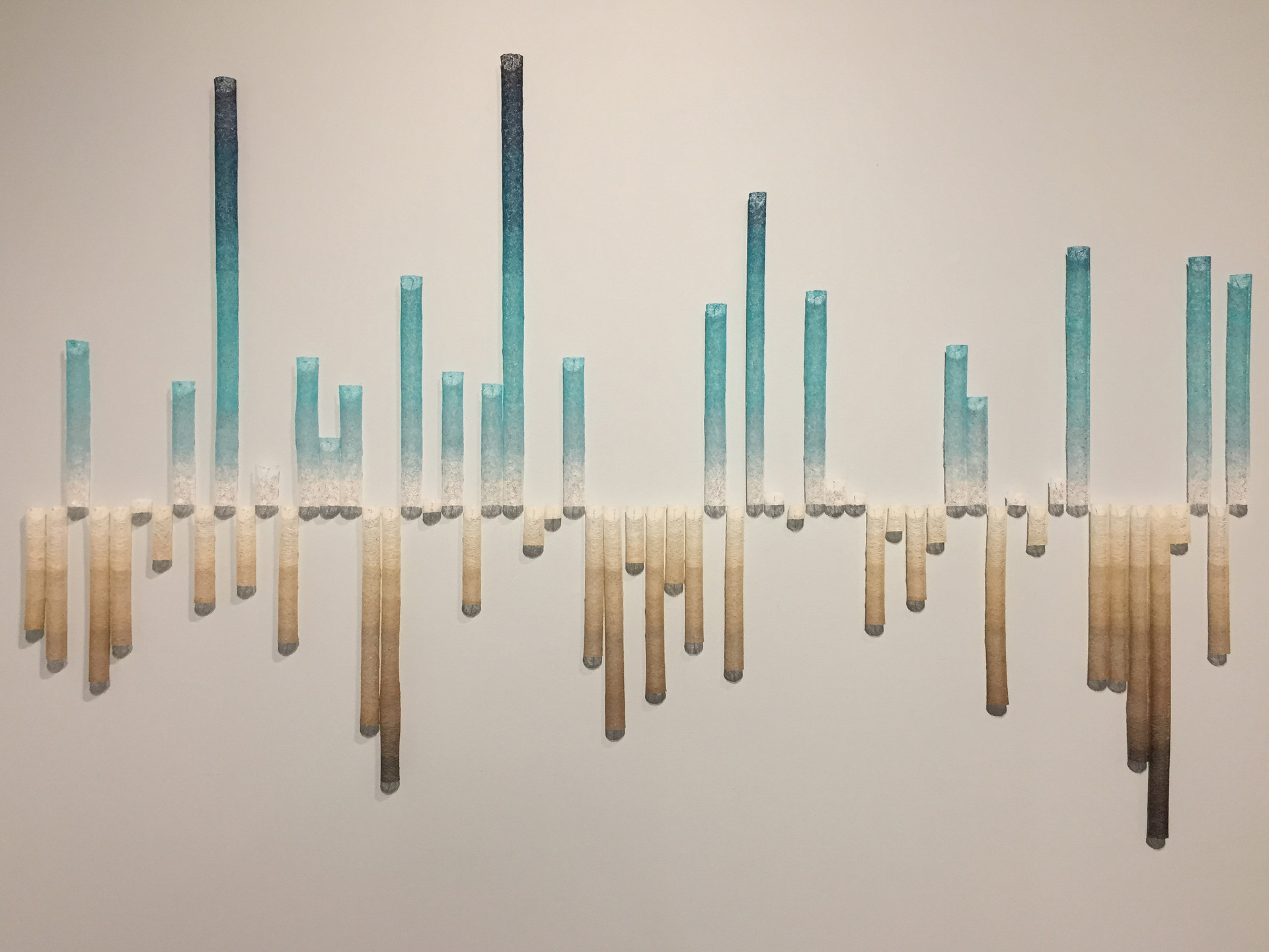 Some day there may be no more snow: California snowpack 1959 – 2019, by Linda Gass; thread lace installation (Cotton, rayon and clear polyester monofilament thread, dissolvable stabilizer, fabric stiffener, magnets, nails). Part of the exhibition "And Then This Happened..." at the Museum of Craft and Design in San Francisco.