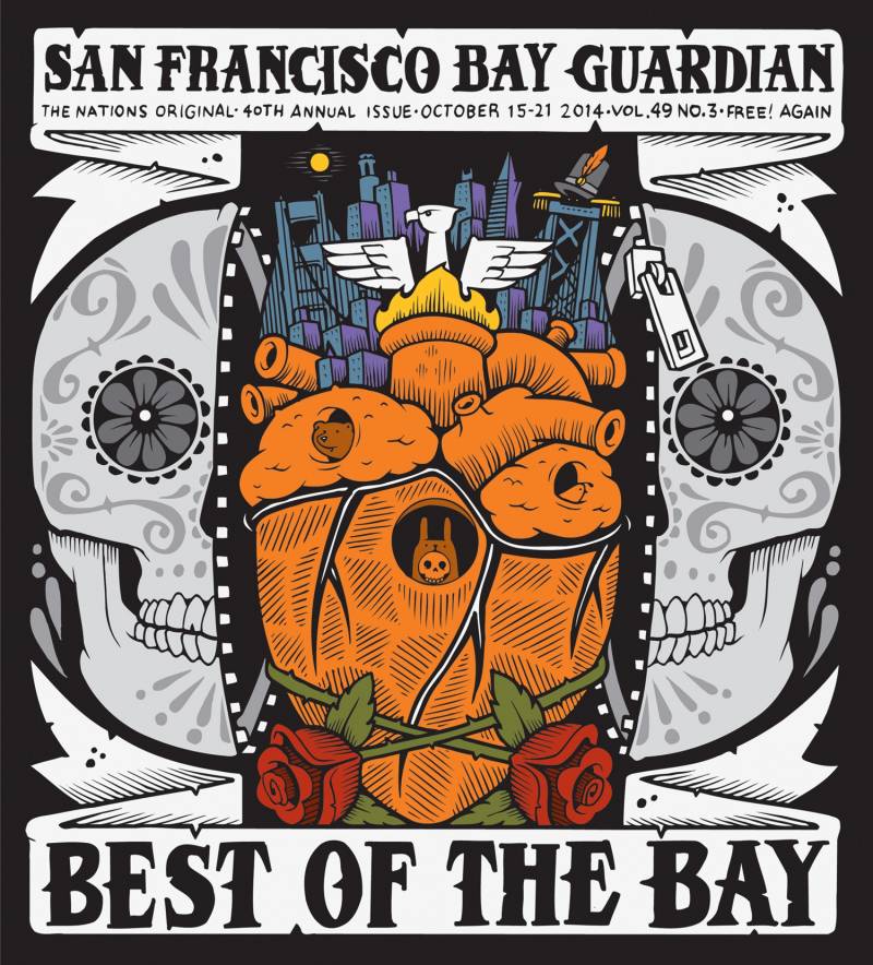 Cover shows newspaper name and "best of the bay" title, with an illustration of a skull split in half by an orange human heart.