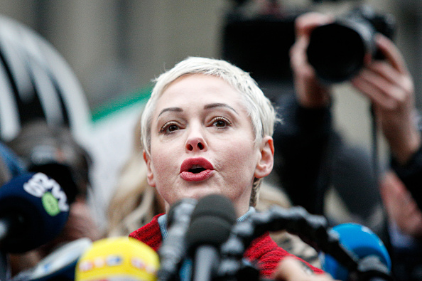 Rose McGowan speaks to the media outside court on January 6, 2020, New York City. 