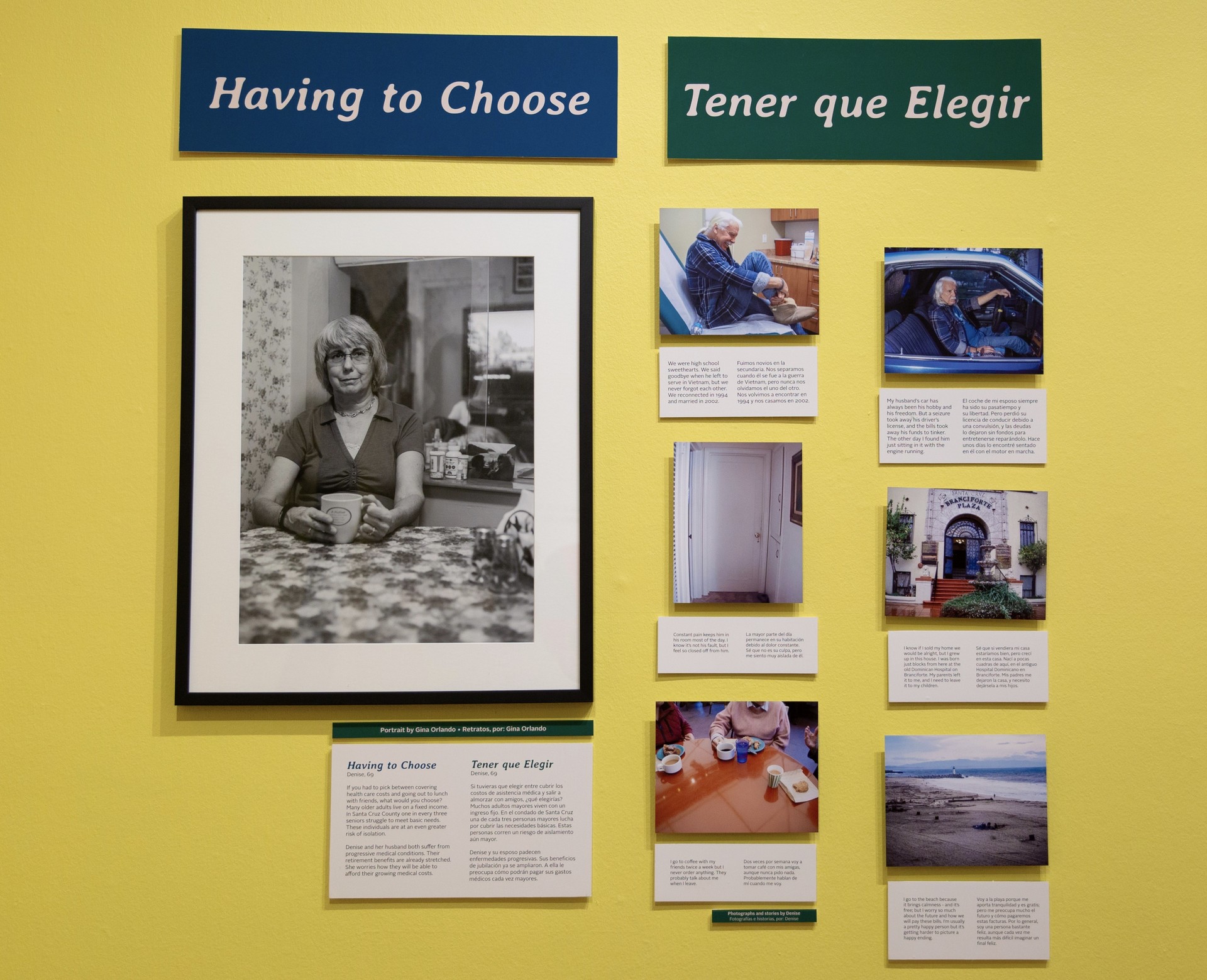 "Having to Choose/Tener que Elegir" tells the story of 69 year-old Denise a senior profiled by Santa Cruz artist Gina Orlando for the exhibit We're Still Here at the Santa Cruz Museum of Art and History.