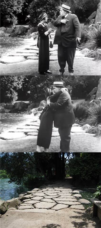 Roscoe "Fatty" Arbuckle and Mabel Normand at Stow Lake in 'Wished on Mabel,' 1915; the stepping stone path today.