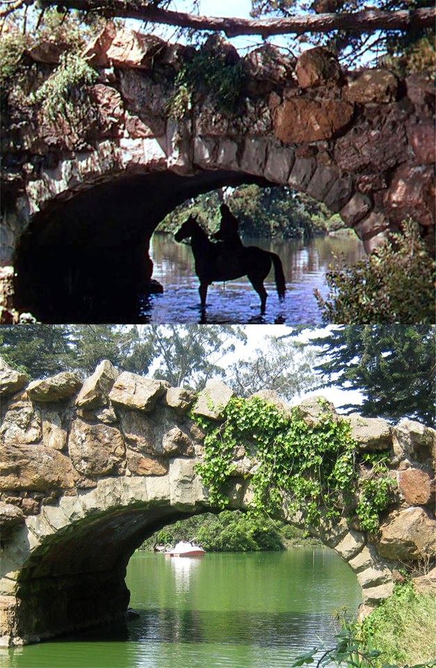 Stewart Granger under the Stow Lake bridge in 'Scaramouche' (1952), and the bridge today.