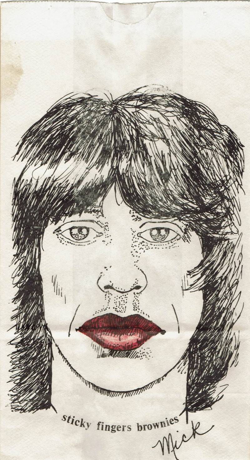 Illustration of Mick Jagger with the words "Sticky Fingers Brownies"