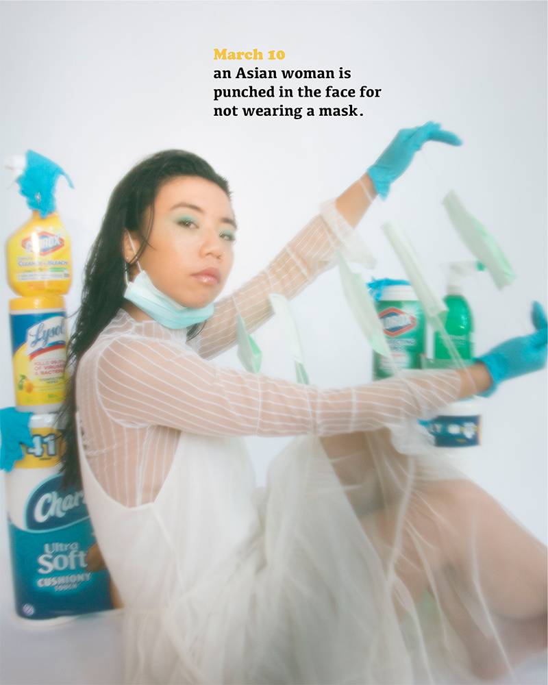 A woman poses in a mask among cleaning products with the text, "March 10: An Asian woman is punched in the face for not wearing a mask."
