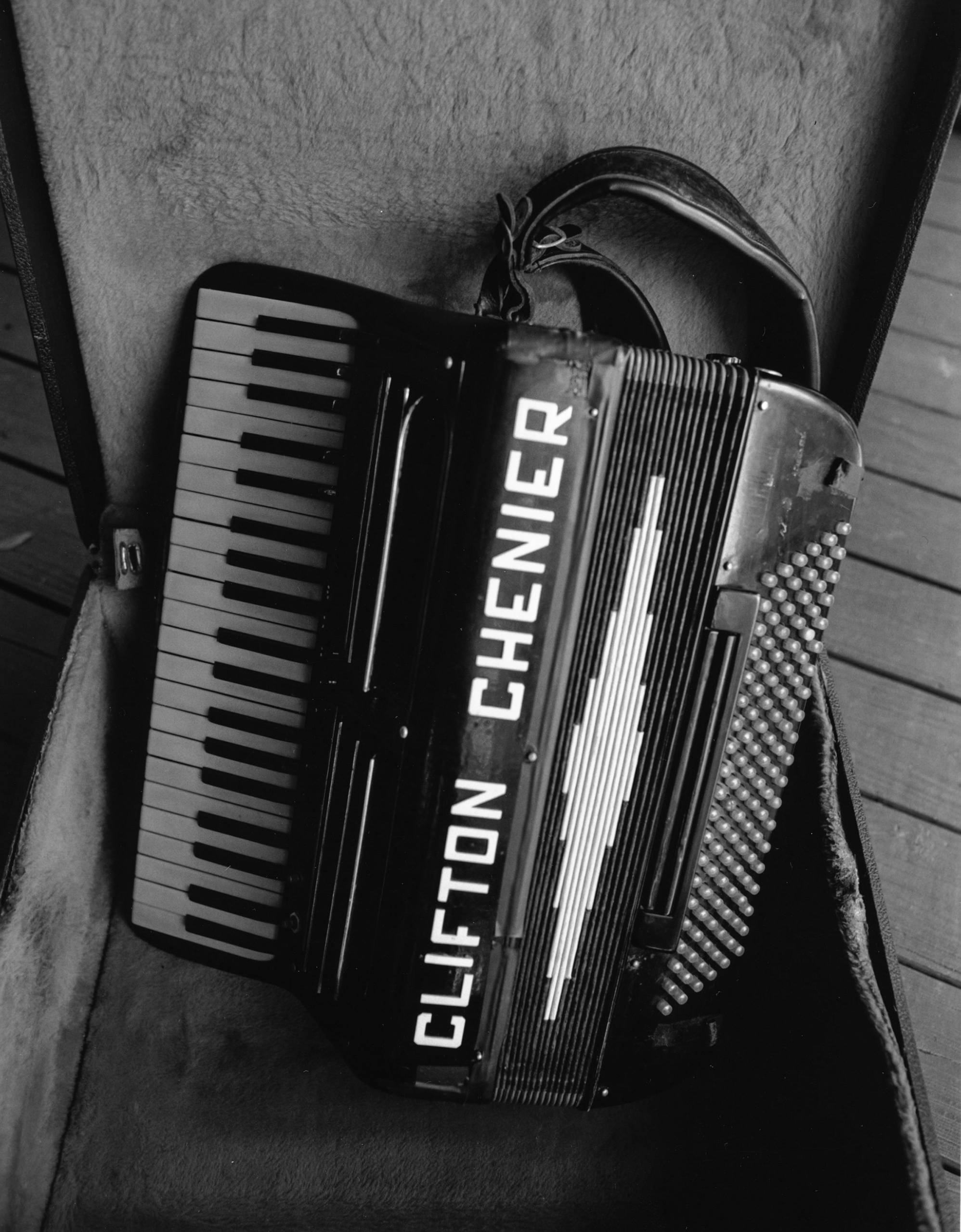 Clifton Chenier's Accordion (Photograph by James Fraher, from the books "Texas Zydeco" and "Down in Houston: Bayou City Blues" by Roger Wood, University of Texas Press)