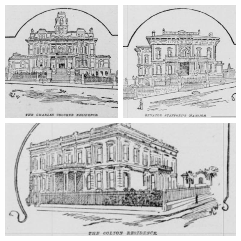 The Crocker, Stanford and Colton mansions, as illustrated in an 1891 edition of San Francisco's 'Morning Call' newspaper.