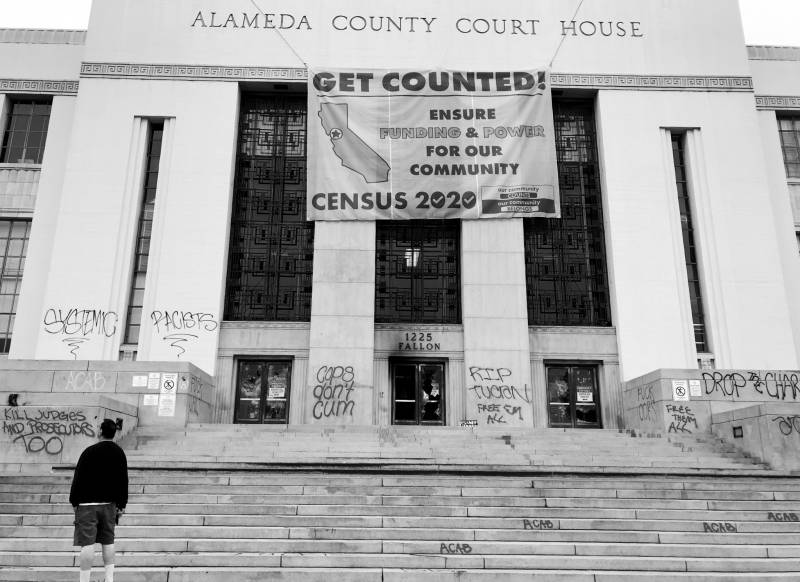 The Alameda County Courthouse on July 26, 2020, after being spray-painted and torched by protesters.