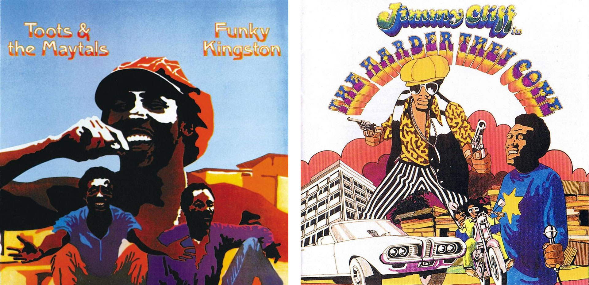 Early moments for Toots and the Maytals' popularity included the albums 'Funky Kingston' (L) and the soundtrack to 'The Harder They Come' (R).