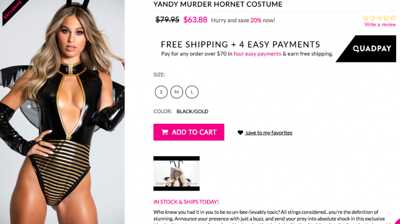 A woman wearing a sexy murder hornet costume.