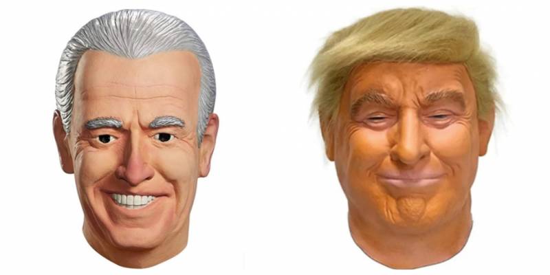 Latex masks in the likeness of Joe Biden and Donald Trump.