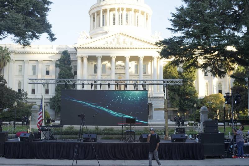 The stage is set for a pro-Trump rally in front of the California State Capitol building in Sacramento. 