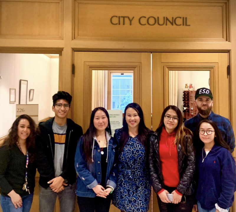 Student advocates and Lukas Brekke-Miesner (pictured in the ESO hat) meet with Council Member Sheng Thao in Oakland 