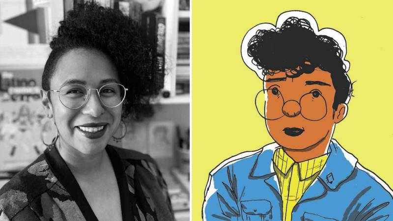 On the left is a black and white portrait of Cartoonist Breena Nuñez smiles for a photo while wearing glasses and sitting at a desk. On the right is a cartoon of Breena with a yellow background, a yellow shirt, a blue jacket and big round glasses.