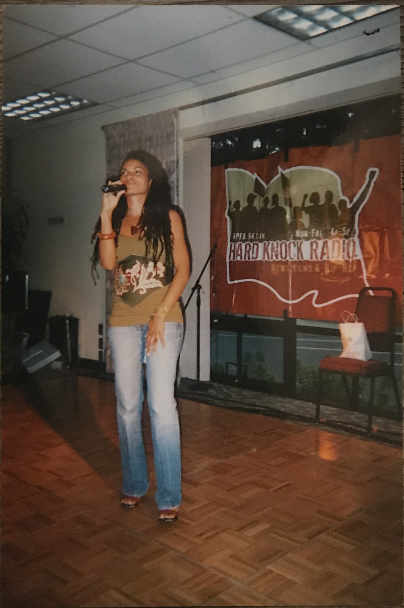 Goapele singing at an event at SF State in 2005. 
