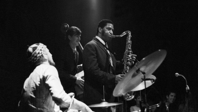 Sonny Rollins with Han Bennink, drums, and Ruud Jacobs, bass, in 1967, Arnhem, The Netherlands.