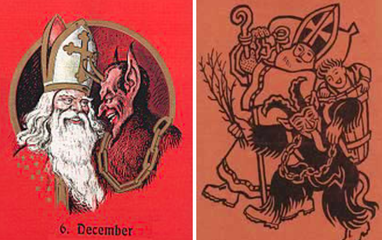 Two depictions of Saint Nicholas working alongside Krampus in chains.