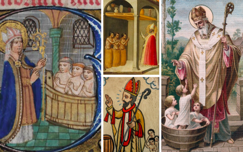 Four classic depictions of St. Nicholas saving three boys from being pickled in a barrel.