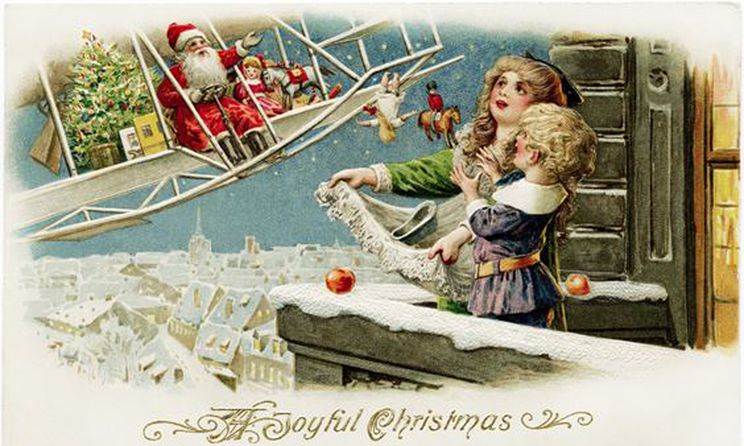 A Victorian depiction of Santa in a biplane, throwing gifts towards children standing at an open window.