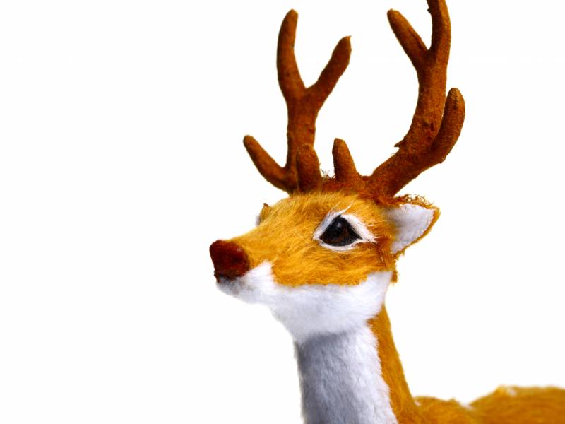 A toy reindeer is shown on a white background.